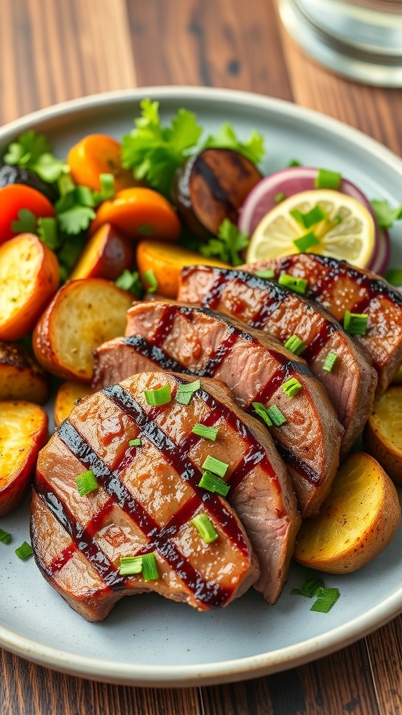 Air fryer steak medallions garnished with herbs, served with roasted vegetables on a rustic table.